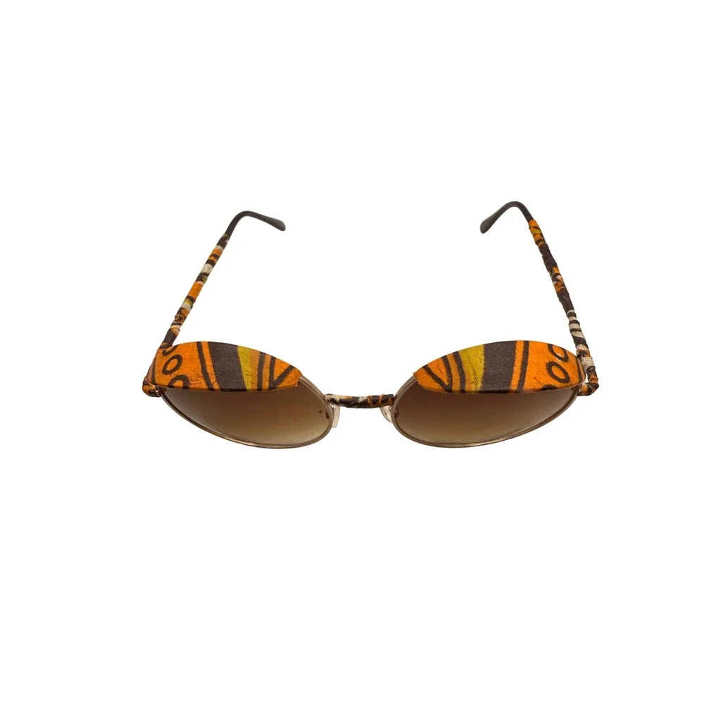 Womens Round Teashades‎ Sunglasses Gold Frame Orange Brown Fabric Accents Unique